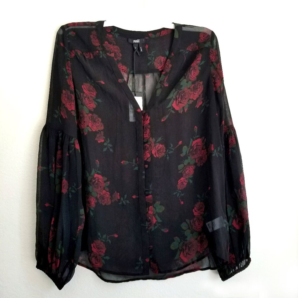 Paige Emilia Top Size L Black Multi-Joplin Rose Sheer NWT Floral Balloon Sleeves